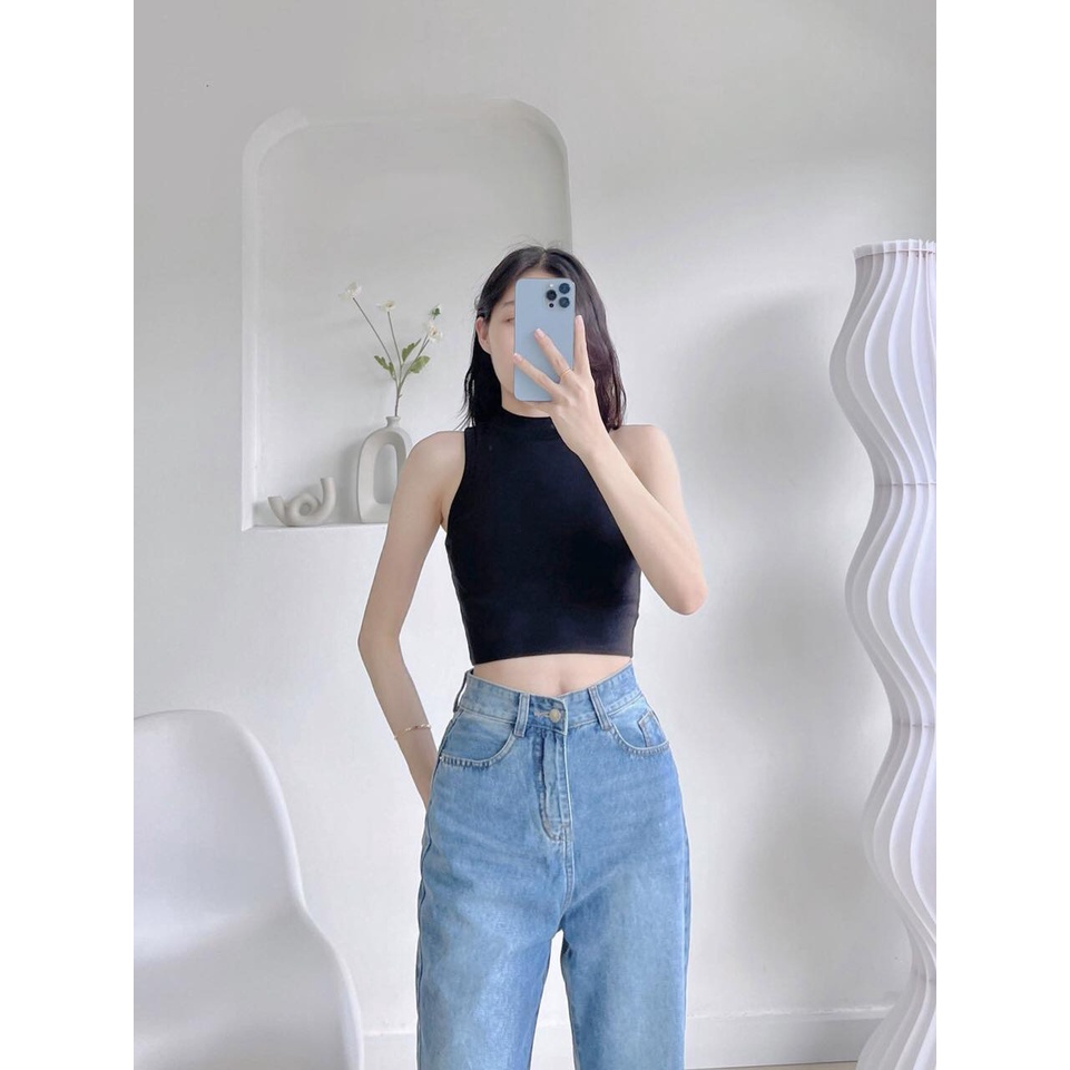 Áo croptop nữ trơn sát nách cổ lọ thun bo gân cao cấp co giãn form basic màu sắc trẻ trung CA095197
