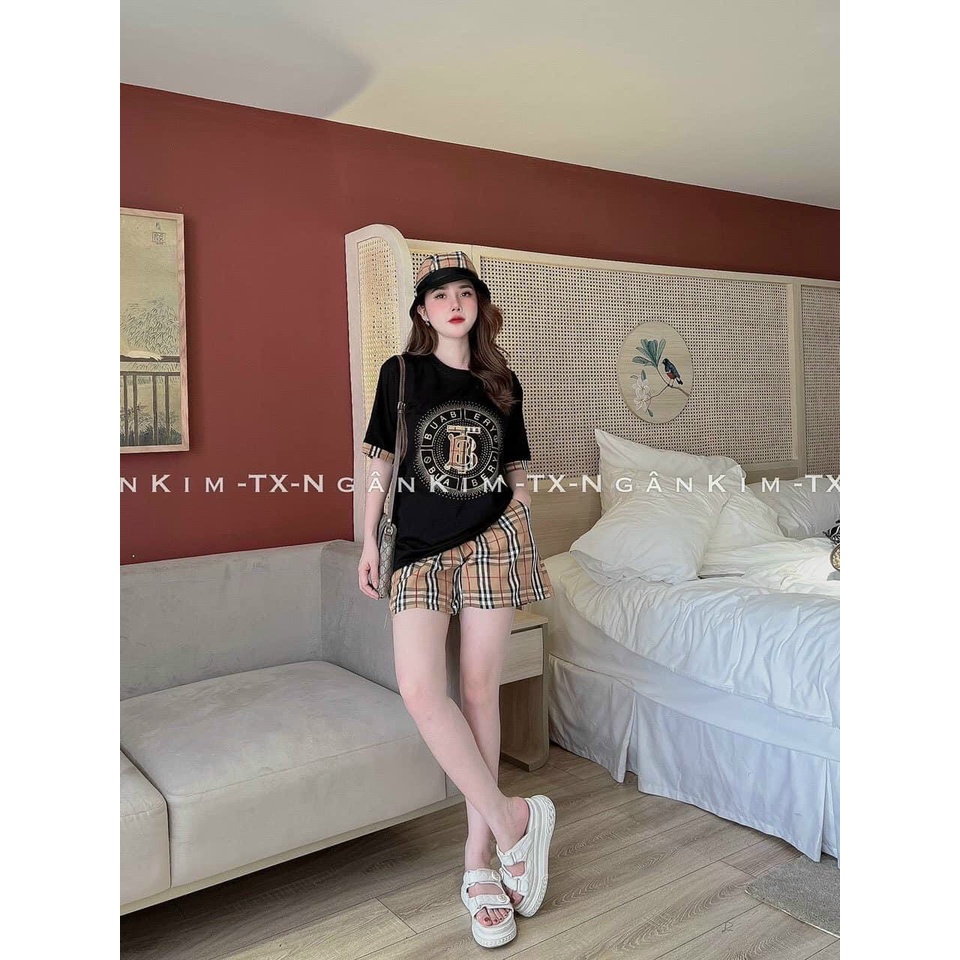 [11.11 Sale Freeship] Set bộ đùi đi chơi,áo thun in hình chữ form rộng tay ngắn kèm quần short kẻ sọc ô caro xinh xắn