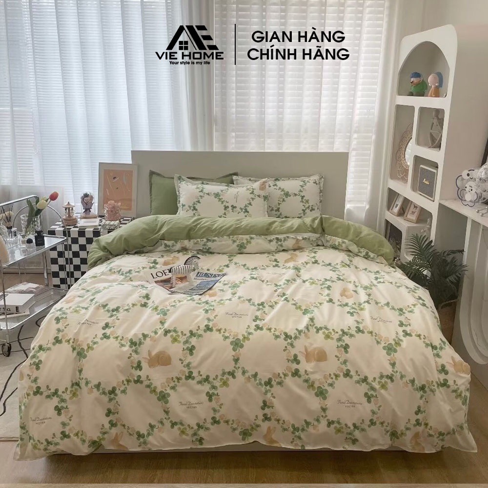Bộ chăn ga gối cotton poly VIE HOME - Bedding phòng ngủ vintage phân loại hoa lá màu sắc dễ thương m4 m6 m8