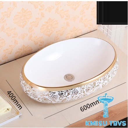 Chậu Lavabo, chậu rửa mặt đặt bàn đá, chậu labo treo tường bầu dục hoa văn vàng - KMISU thiết bị vệ sinh