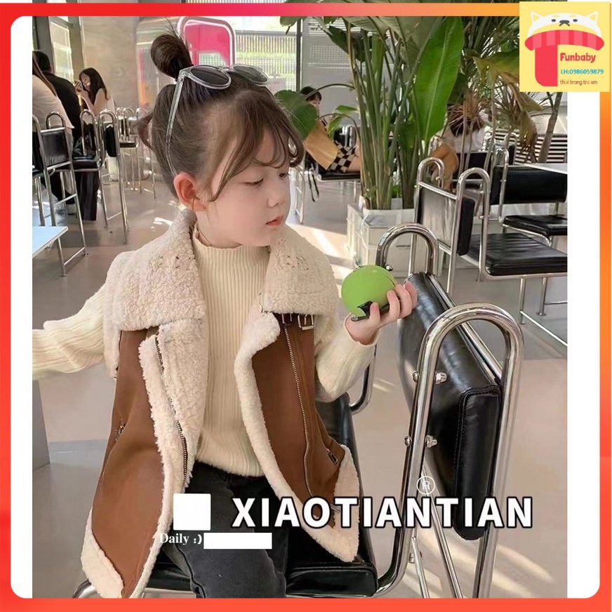 Áo gile lông cừu bé gái 2-7 tuổi lót lông cừu kéo khóa. Áo da lộn cho bé kiểu dáng khỏe khoắn thời trang