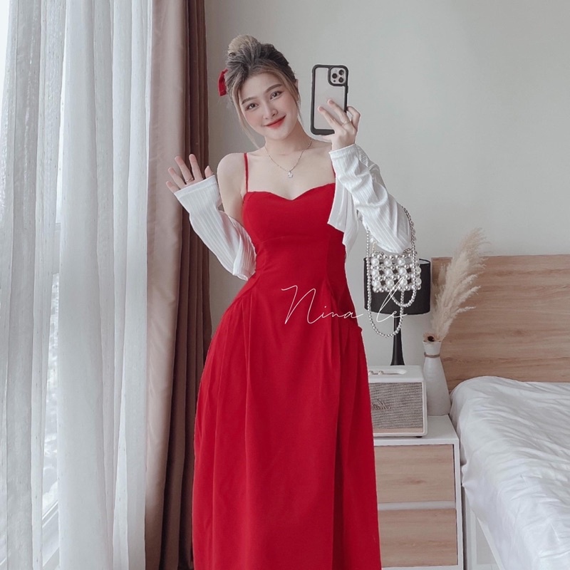 Đầm đỏ dáng đai kèm khoác gân trắng shop nina le