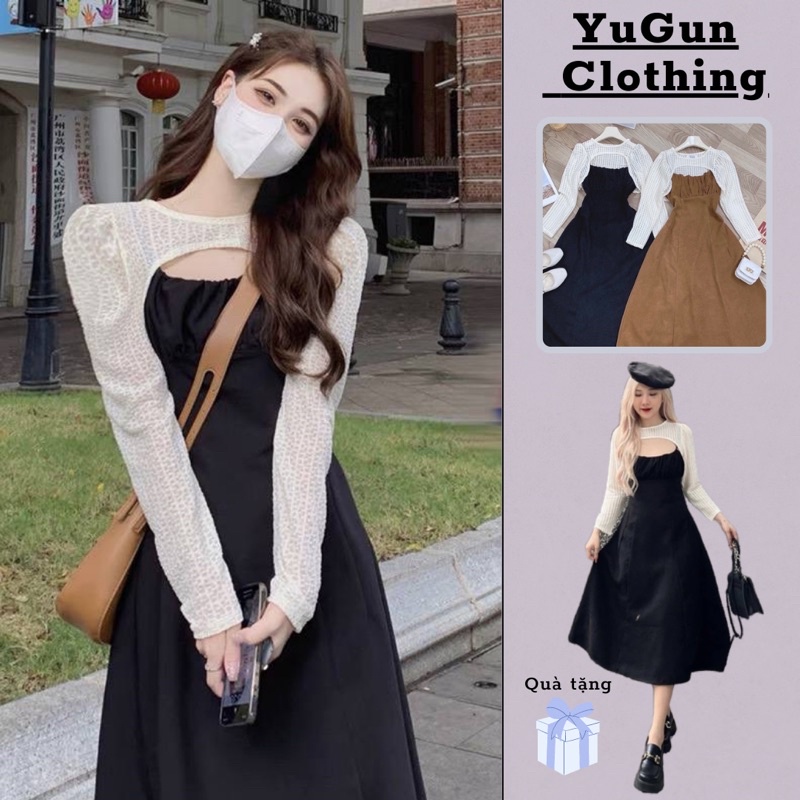 Set đầm midi 2 dây + cardigan lưới cut out ngực tay dài chất xịn, tiểu thư 2 màu đen nâu phong cách hàn quốc