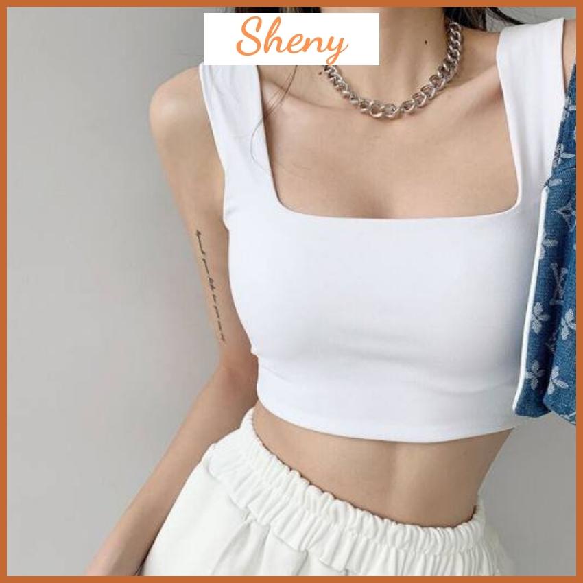Áo croptop 2 dây bản to quai lớn ba lỗ sát nách cổ vuông ôm body chất thun gân SHENY CT02