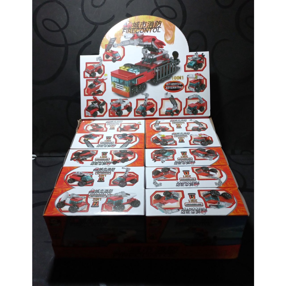 Bộ Gạch Nhựa Xếp Hình Xe Cứu Hỏa, Đồ Chơi Giáo Dục Mini 10in1 Xe Dập Lửa Cho Bé, Hộp 10cm