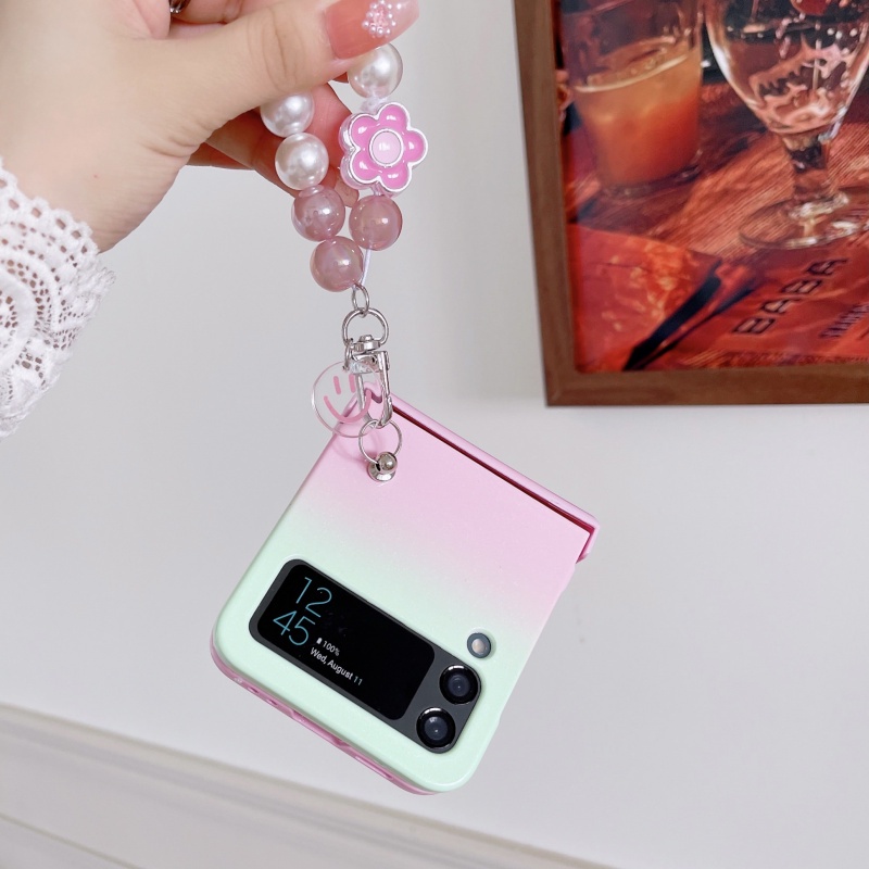 Ốp Điện Thoại Cứng Chống Va Đập Màu Gradient Bóng Có Mặt Dây Hình Gấu Và Hoa Cho Samsung Galaxy Z Flip 3 Z Flip 4