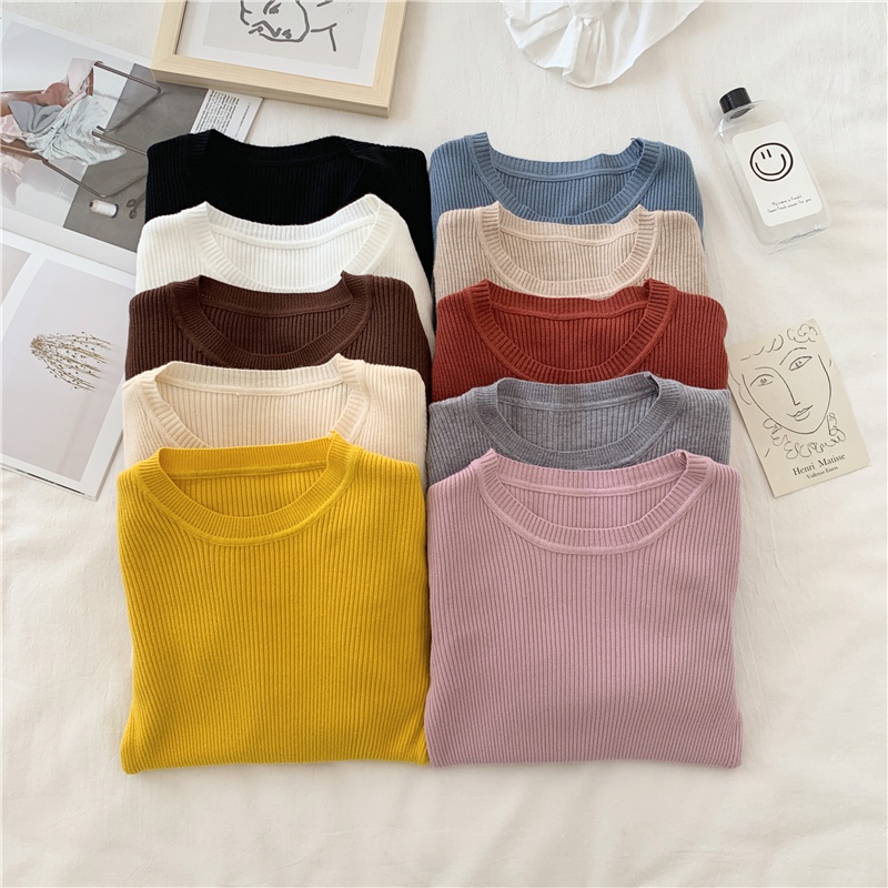 Áo Len Cổ Tròn Dài Tay Dệt Kim Màu Trơn Basic Dáng Ôm