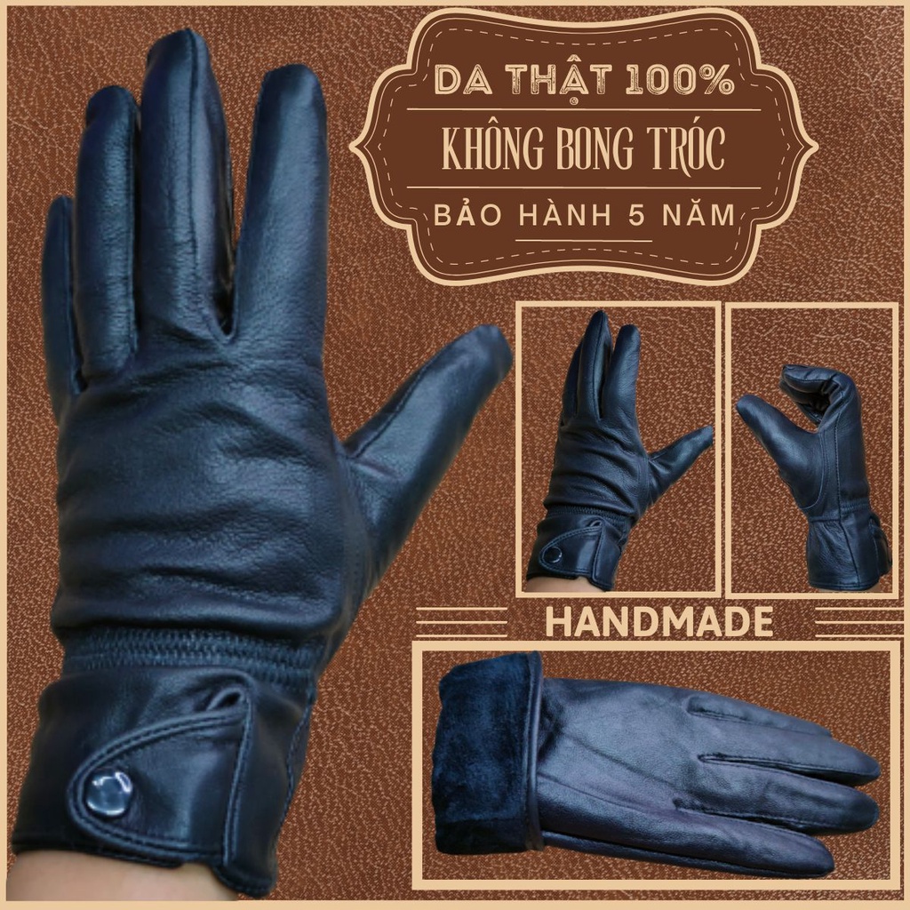 Găng Tay Da Cừu Nam 1 Khuy Màu Đen Mỏng Nhẹ Đi Mưa Thoải Mái, Dễ Lái Xe - Không Bong Nổ - Bảo Hành Da Thật 3 Năm - HLT