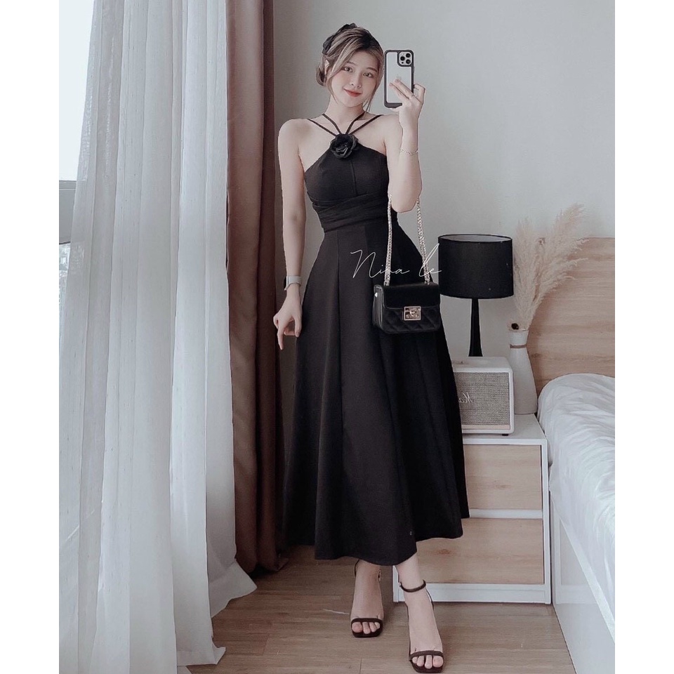 Đầm Váy Nữ Cổ Đan Dây Kết Bông Hoa Xếp Ly Eo  Thiết Kế Sang Chảnh Đi Làm Công Sở, Dạ Hội Và Du Lịch