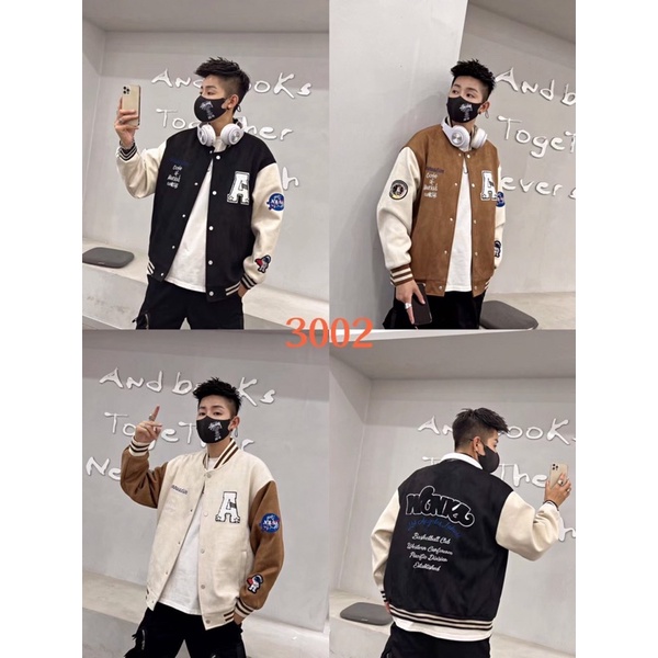 Áo khoác Bomber da lộn trần bông phối tay da unisex nam nữ QCCC