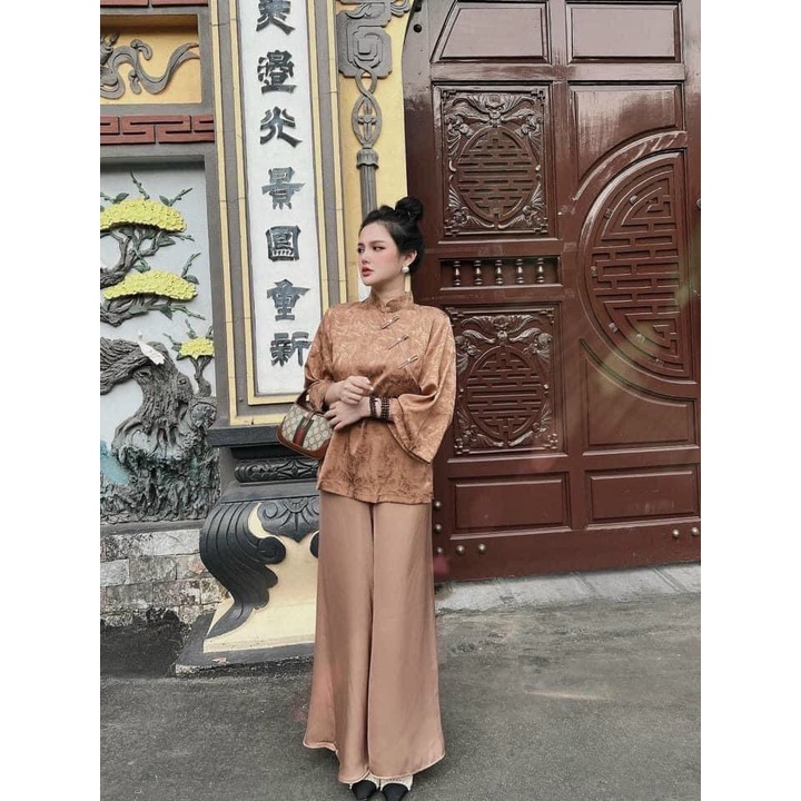 Đồ lam đi chùa, Bộ Đi Lễ Chùa Nữ Mẫu Cổ Tàu Cúc Chéo, Vải Lụa Gấm Loại 1 Mịn Đẹp Dày Dặn Thoáng Mát