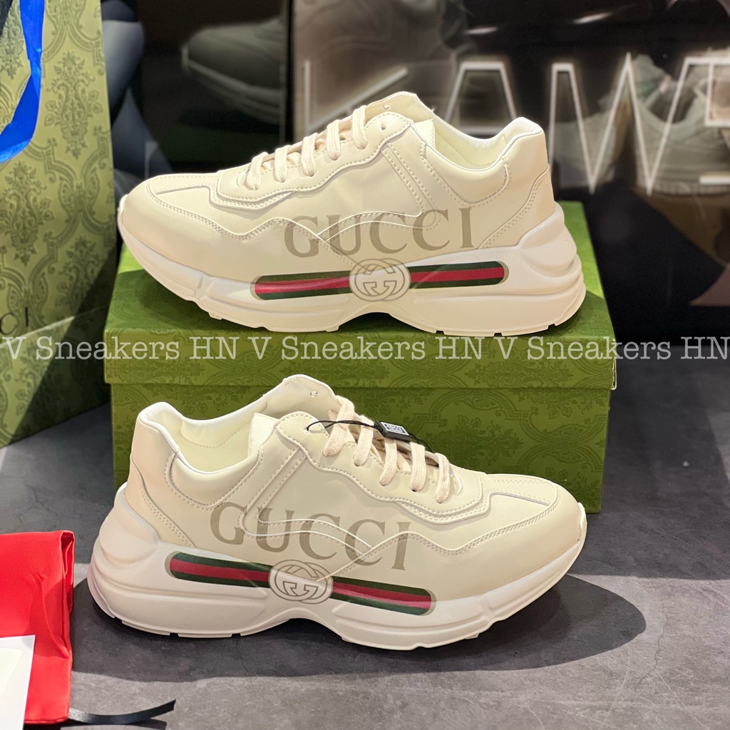 Giày Thể Thao Gucci Rhyton Logo Leather Rhyton Chunky Logo chữ ngang 5D Cao Cấp Tăng Chiều Cao Nam Nữ