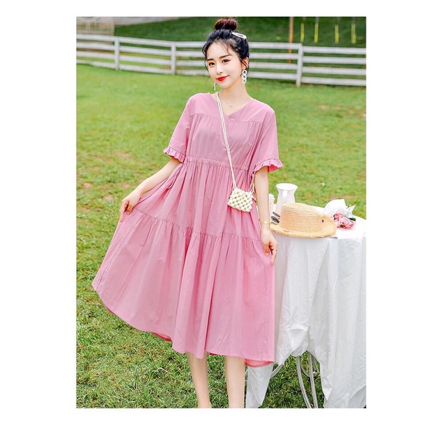 Váy bầu thiết kế trẻ trung xinh xắn 2 màu xanh và hồng size 40-75kg