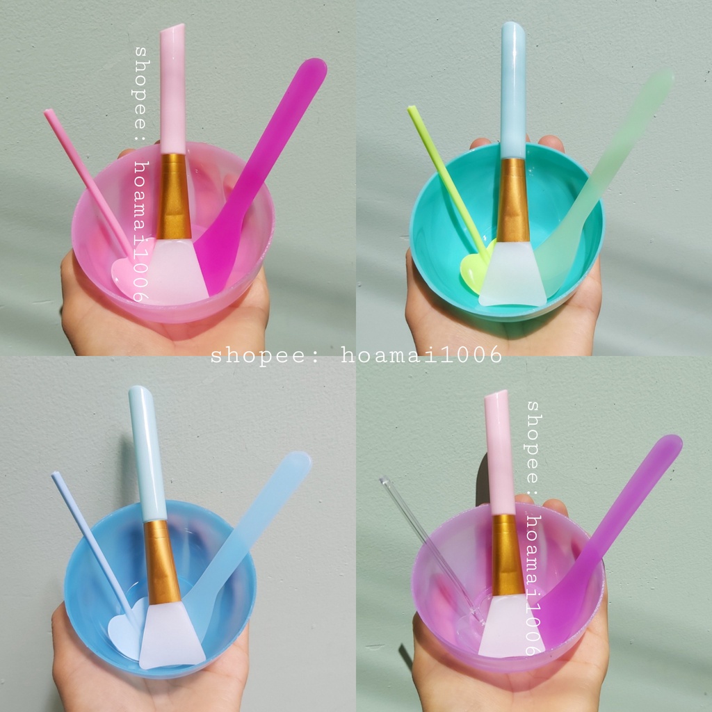 BỘ TRỘN MẶT NẠ 4 MÓN (Kèm Túi Zip): chén trộn mặt nạ, cọ silicon cán hồng/xanh, que nhựa, xẻng múc bột