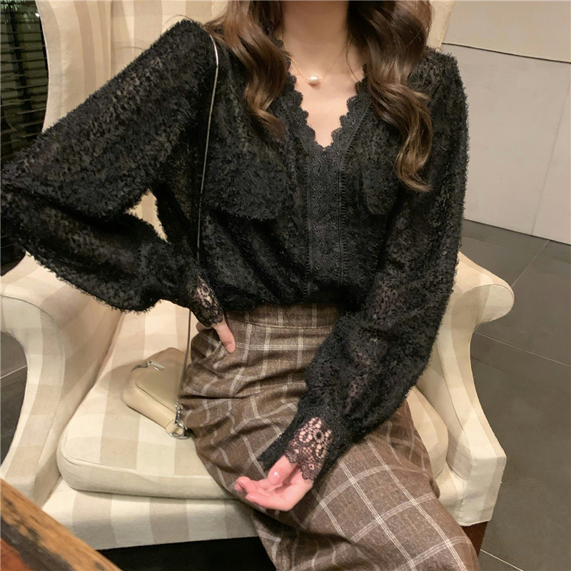 Áo ren SUXI tay dài cổ chữ V màu trơn phong cách vintage thời trang Hàn Quốc