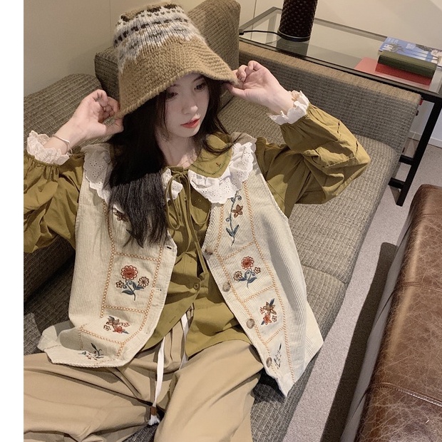 Áo khoác gile nhung nữ kiểu thêu hoa vintage, gile nữ phối sơ mi form rộng cổ ren nơ 7754