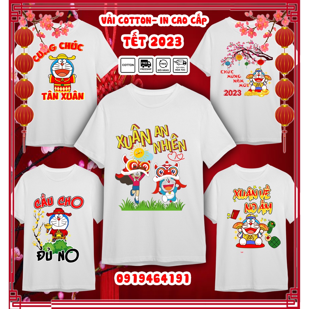 Áo thun doraemon tết quý mão 2023, áo thun tết con mèo doraemon, vải dày mịn mát, in cao cấp - Có size trẻ em