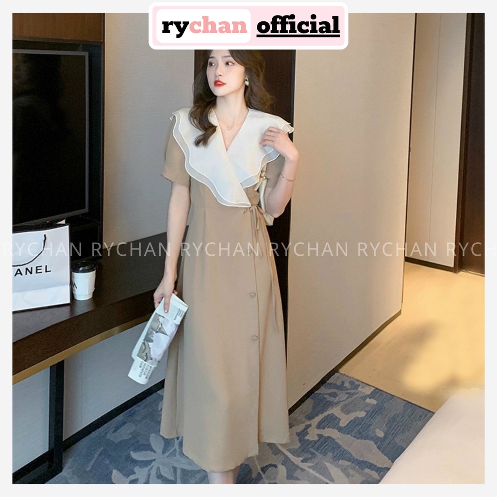 Đầm Nữ Thiết Kế Dáng Dài Nút Bọc Eo Thắt Nơ Sành Điệu, Đầm Màu Kem Tay Ngắn Cổ Phối Bèo Trắng Xinh Xắn-DX461