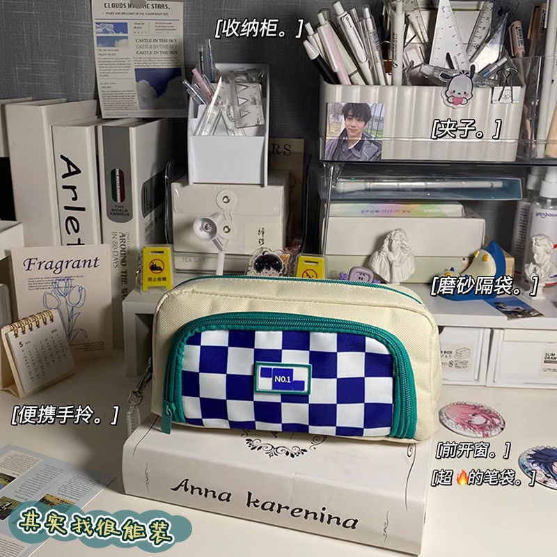 Túi Đựng Bút Chì Kẻ Ô Phong Cách Hàn Quốc Đa Năng Đơn Giản Cho Nữ Sinh Trung Học