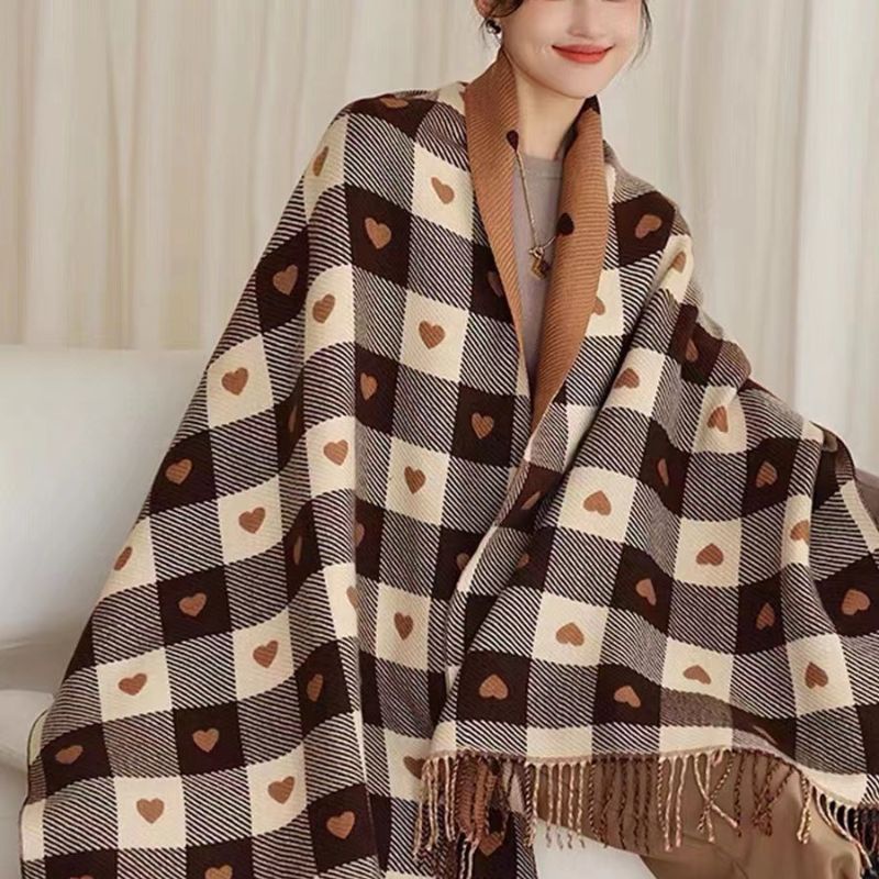 Khăn quàng cổ nữ khổ to chất dạ phối sợi bông mềm mịn họa tiết trái tim phong cách vintage jolivo