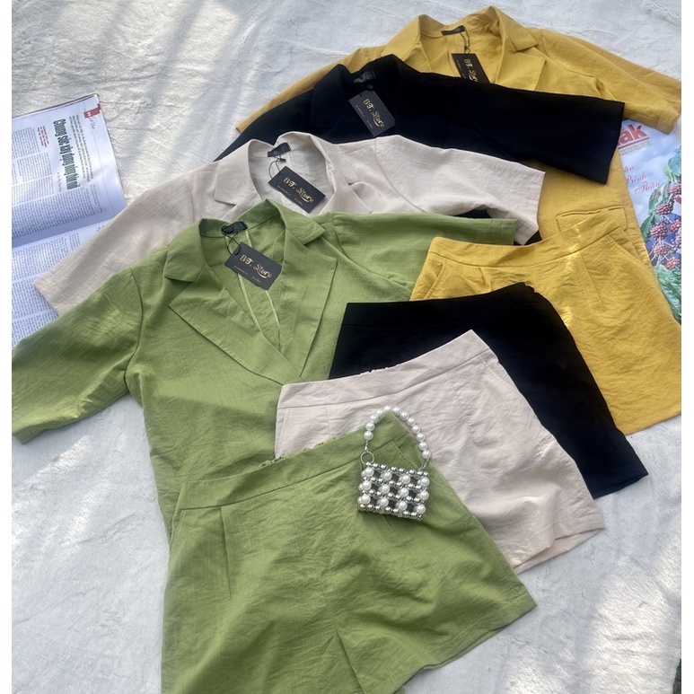 Set đồ nữ áo blazer cổ vest cộc tay kèm quần short màu trơn basic, set áo blazer tay ngắn cổ vest kèm quần short đùi