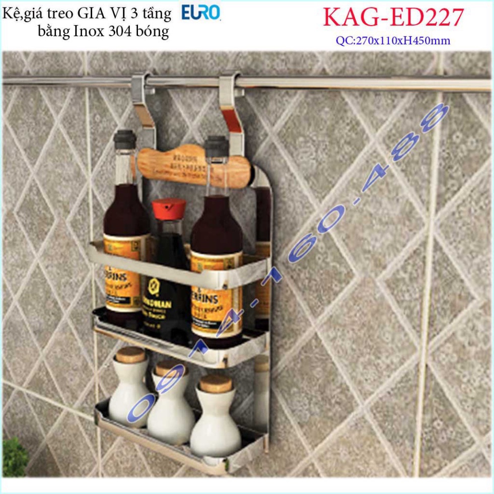 Kệ treo gia vị 2 tầng KAG-ED227, kệ treo đồ nhà bếp có móc treo, kệ gia vị Euro