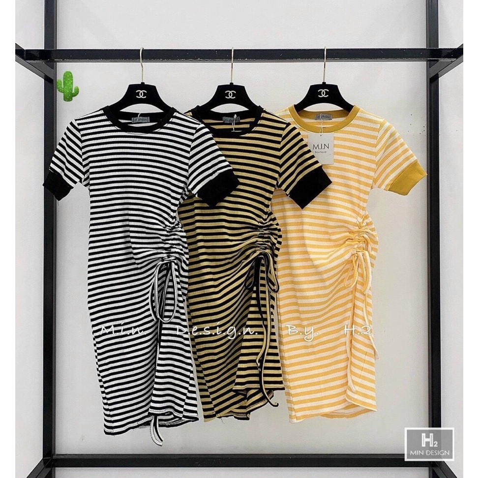 Đầm body nữ thun gân dáng ngắn kiểu cổ tròn tay ngắn phối dây rút sườn 2 màu sọc ngang xinh hot