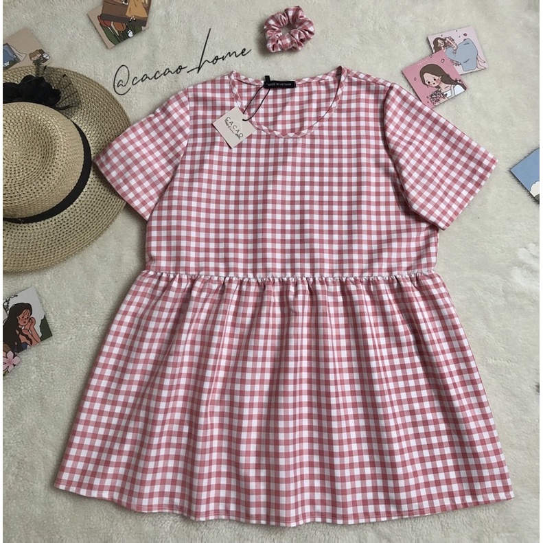 Áo babydoll caro tay ngắn xinh xắn tặng kèm scrunchie cùng màu