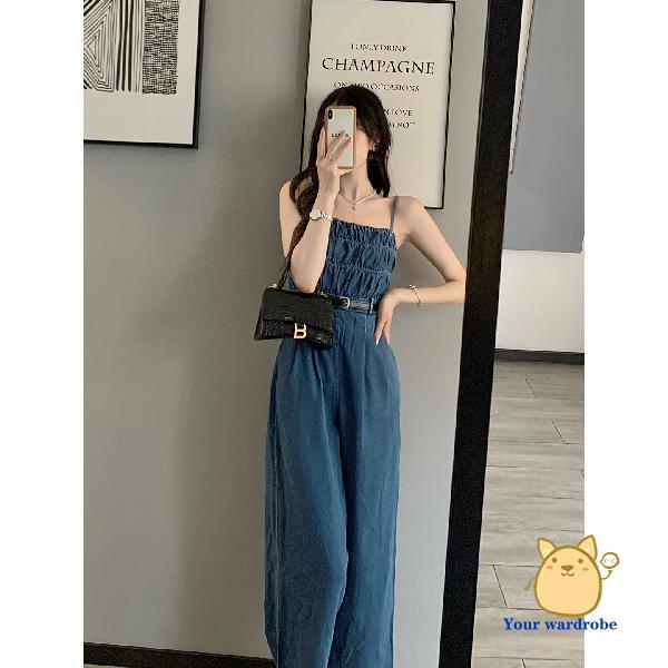 Bộ Áo Liền Quần denim Eo Cao Dáng Rộng Thiết Kế Mới Trẻ Trung Hợp Thời Trang Hè Cho Bạn Gái
