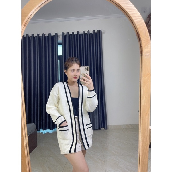 Áo khoác cardigan nữ, cardigan nữ chất len dày dặn viền màu có túi ảnh thật shop chụp