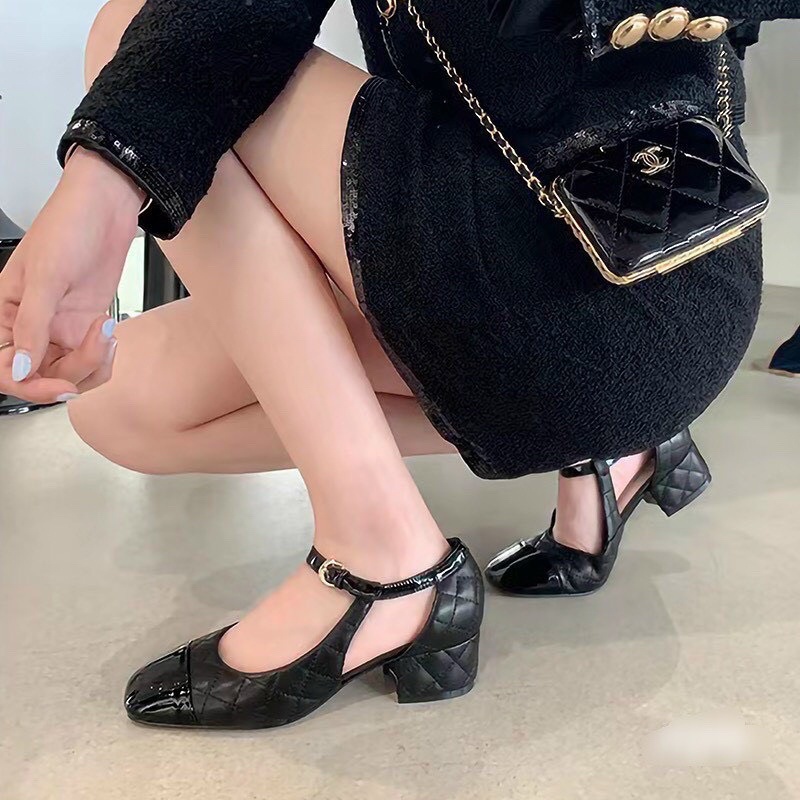 Sandal da trần chỉ mũi bóng hàng mới fullbox gót vuông 5cm