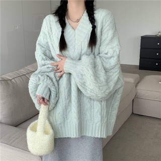Áo len sóng vặn bồng bềnh cổ tim