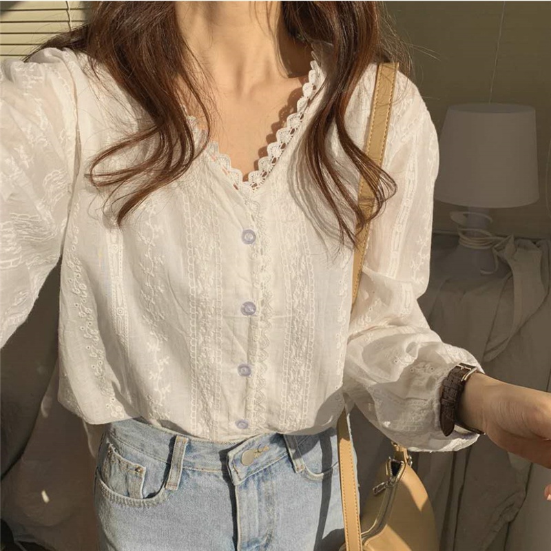 Áo Cotton DàI Tay Cổ Chữ V PhốI Ren Hoa ThờI Trang Cho Nữ