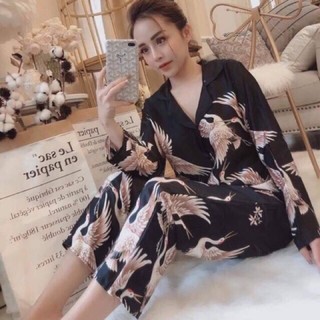 Pijama lụa mango chim hạc đen đỏ tay dài quần dài - Bộ lụa mặc nhà chất mát