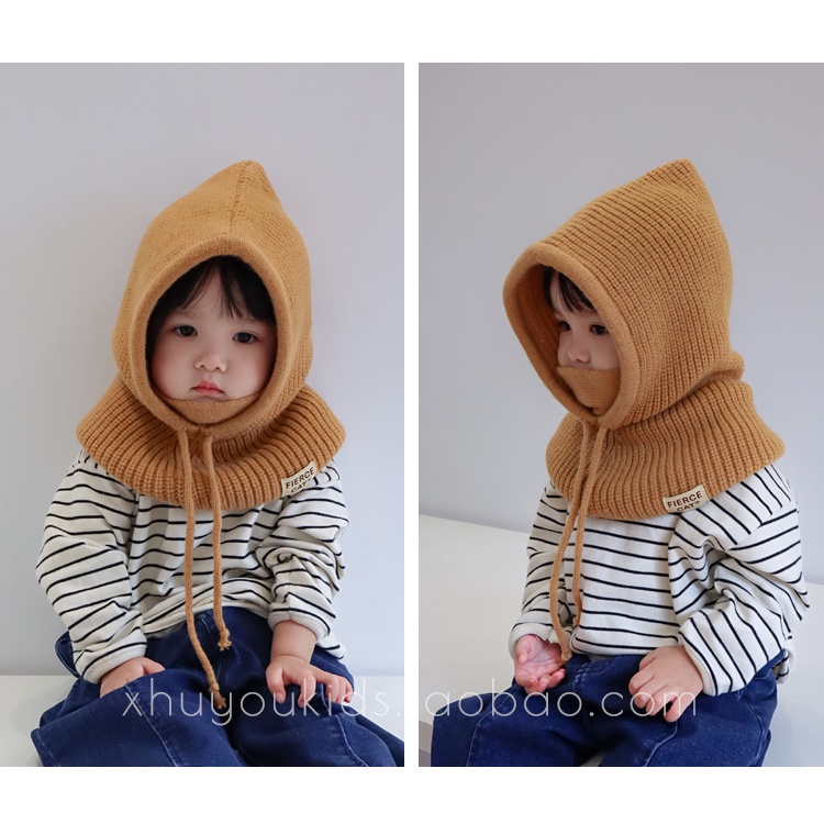 Mũ Len Trùm Đầu Tích Hợp Khăn Choàng Cổ Bảo Vệ Tai Thời Trang Thu Đông Cho Bé