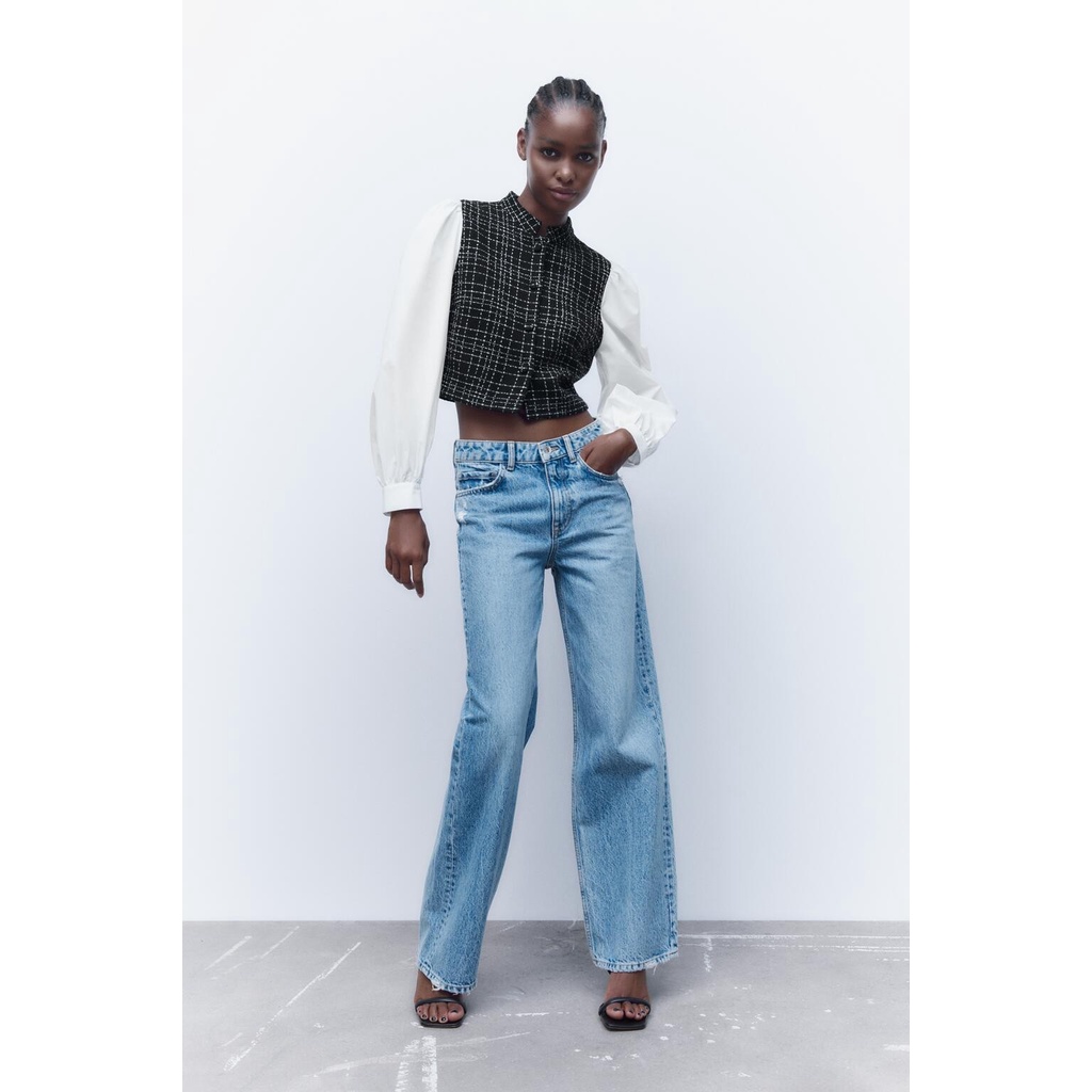 Made in Morocco - Áo Zara Sơ Mi Tay Dài Dáng Ngắn Phối áo gile karo AK07SMG45N9