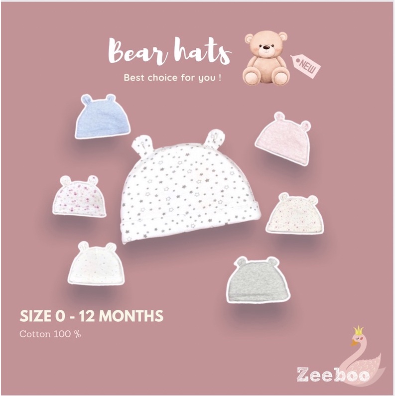 Mũ tai gấu Cotton xuất dư cho bé từ 3 tháng đến 12 tháng tuổi, vải Cotton 100% 2 lớp dày dặn, che thóp giữ ấm[ One size]