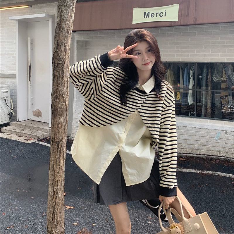 Hàng Có Sẵn Áo Thun polo Tay Dài Dáng Rộng Giả Hai Lớp Mẫu Mới 2022