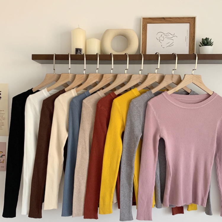 Áo Len Cổ Tròn Dài Tay Dệt Kim Màu Trơn Basic Dáng Ôm