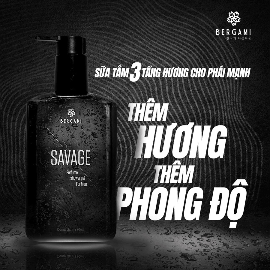 Sữa Tắm Nam Hương Nước Hoa Bergami Savage, Mùi GỖ SỒI Nam Tính, Sạch Khuẩn Tự Tin Thể Hiện Bản Lĩnh Lưu Hương 6H 330ml