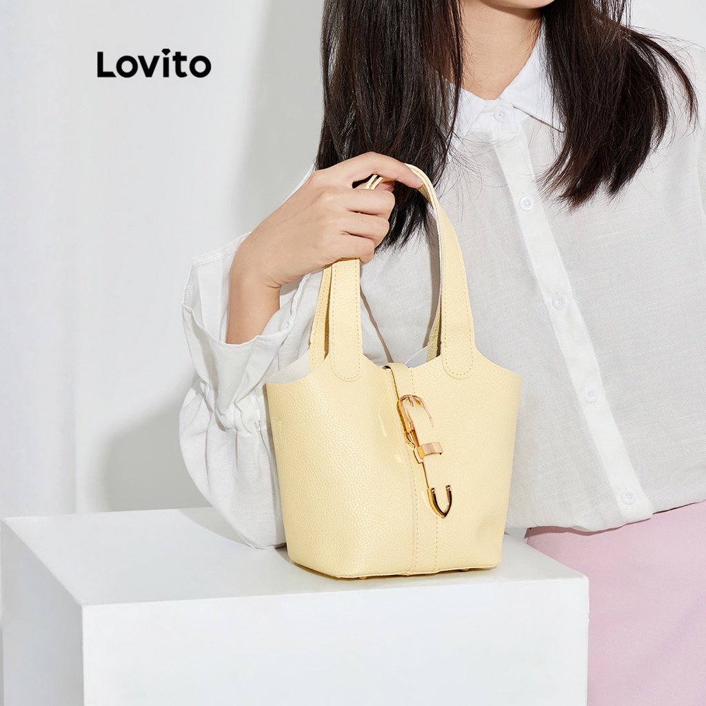 Lovito Trơn Thanh Lịch Kết Cấu Da PU Khóa Kim Loại Túi Vuông Nữ L38BA26 (Vàng Nhạt/Trắng Tắt/Đen)