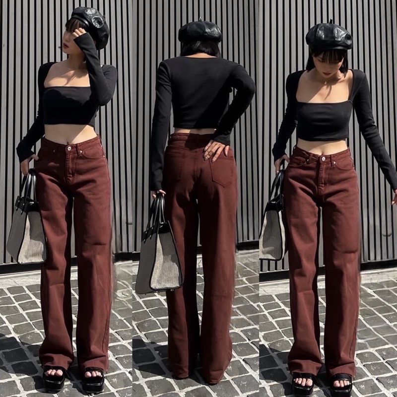 Quần Jean Suông Ống Rộng Dáng Dài Lai Cắt Lưng Cao Jeans Cotton Màu Hot Trend 2022