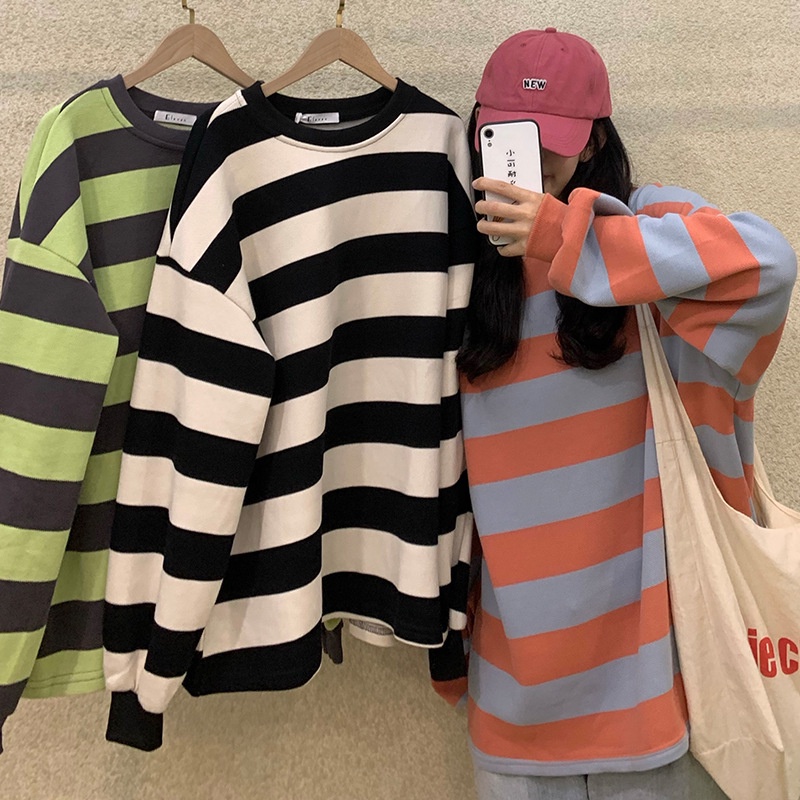 Áo Sweater Cổ Tròn Dáng Rộng Kẻ Sọc Ngang Trẻ Trung Hợp Thời Trang Thu Đông