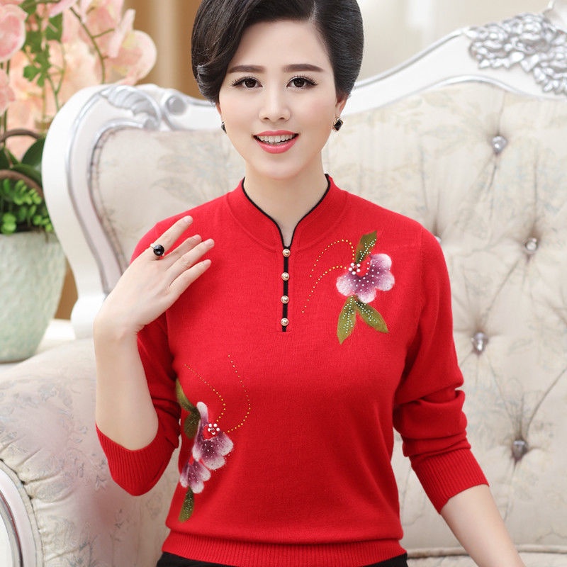 Áo len phụ nữ trung niên áo len dệt kim bà mẹ mới 40 tuổi 50 trung niên và người già áo dài mùa xuân và thu