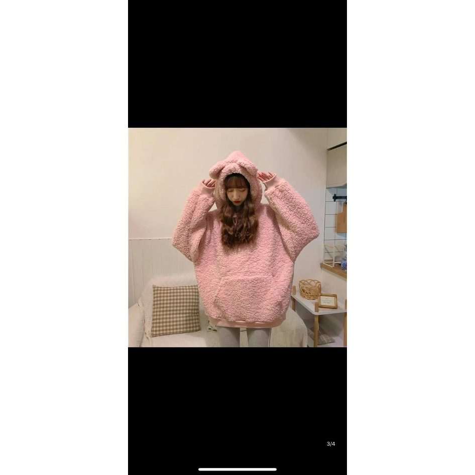 Áo hoodie lông nam nữ unisex form rộng- áo lông cừu có mũ tai gấu màu hồng xanh đen hàn quốc ulzzang, XUONGMAYSIGIARE