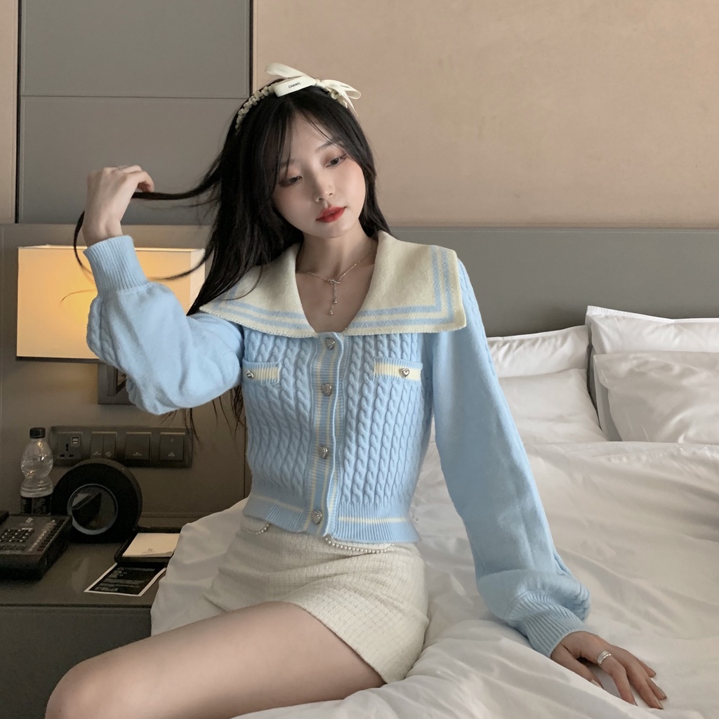 DIDIKA Áo khoác cardigan dệt kim phối màu tương phản phong cách chanel Hàn Quốc 2022 cho nữ