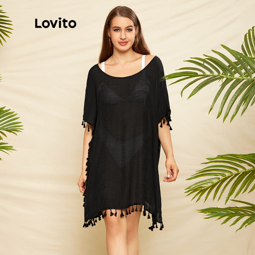 Lovito sexy Áo khoác nữ có tua rua trơn L33AD042 (Đen)