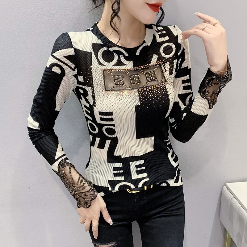 Áo Lưới Rỗng Tay Dài Cổ Tròn Đính Đá Nóng Bỏng Hàng Mới