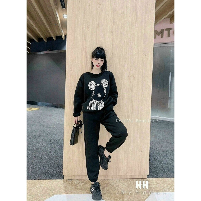 [11.11 Sale Freeship] Set áo hoodie in hình chuột mickey,bộ nỉ tay dài cổ tròn phối quần dài ống túm có túi năng động