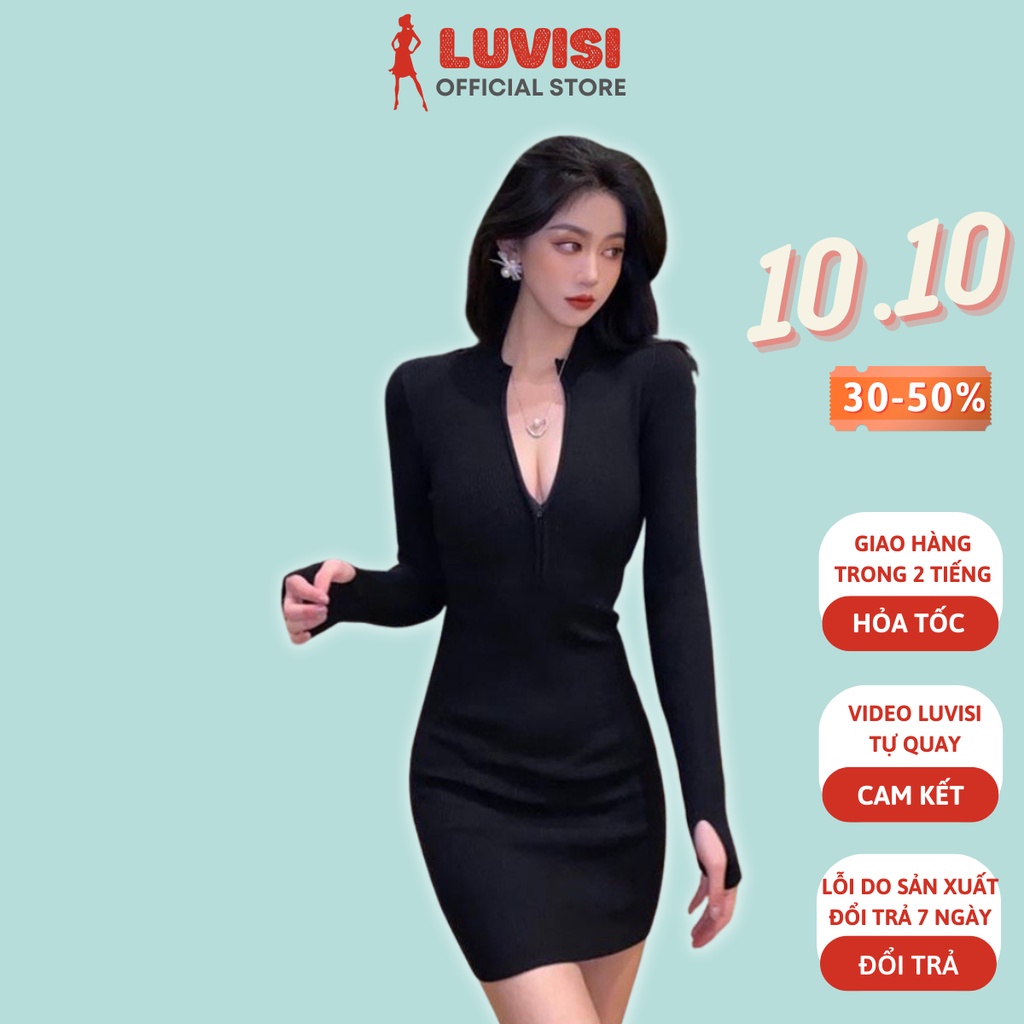 Đầm body nữ LUVISI kéo khóa tay dài, Váy ôm body sexy cổ chữ V mặc đi chơi dự tiệc siêu xinh tôn dáng cực đỉnh VAY017